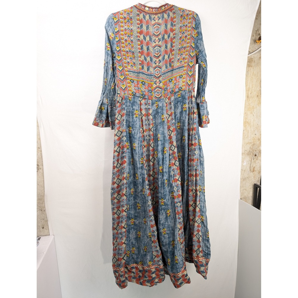 Y2K Embroidered Peasant Maxi Dress Size M Blue Ren Faire Boho Cottagecore Tribal - Picture 8 of 9
